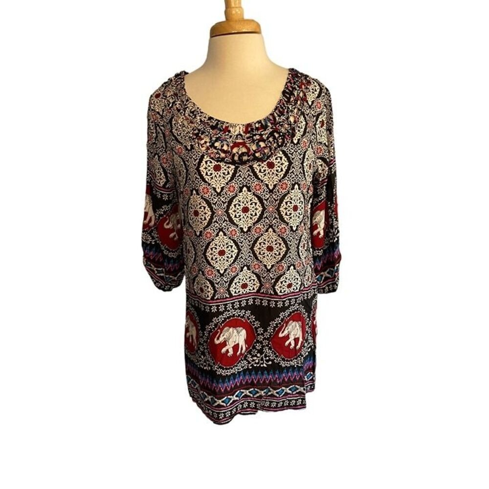 Blossom by P. Elephant Print Boho Tunic Top Crochet Neck Red Black Small